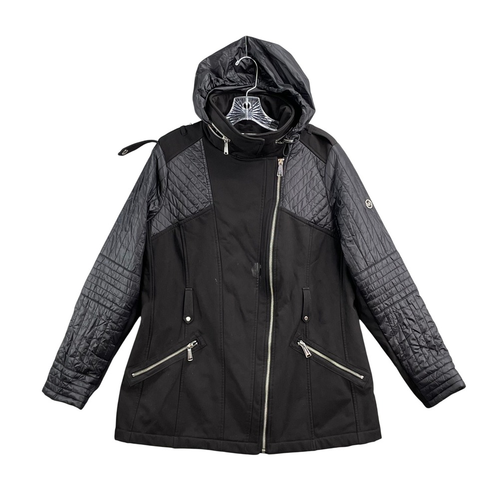 Michael Kors Mixed Media Jacket Womens Large Black Good Quilted Asymmetric Zip